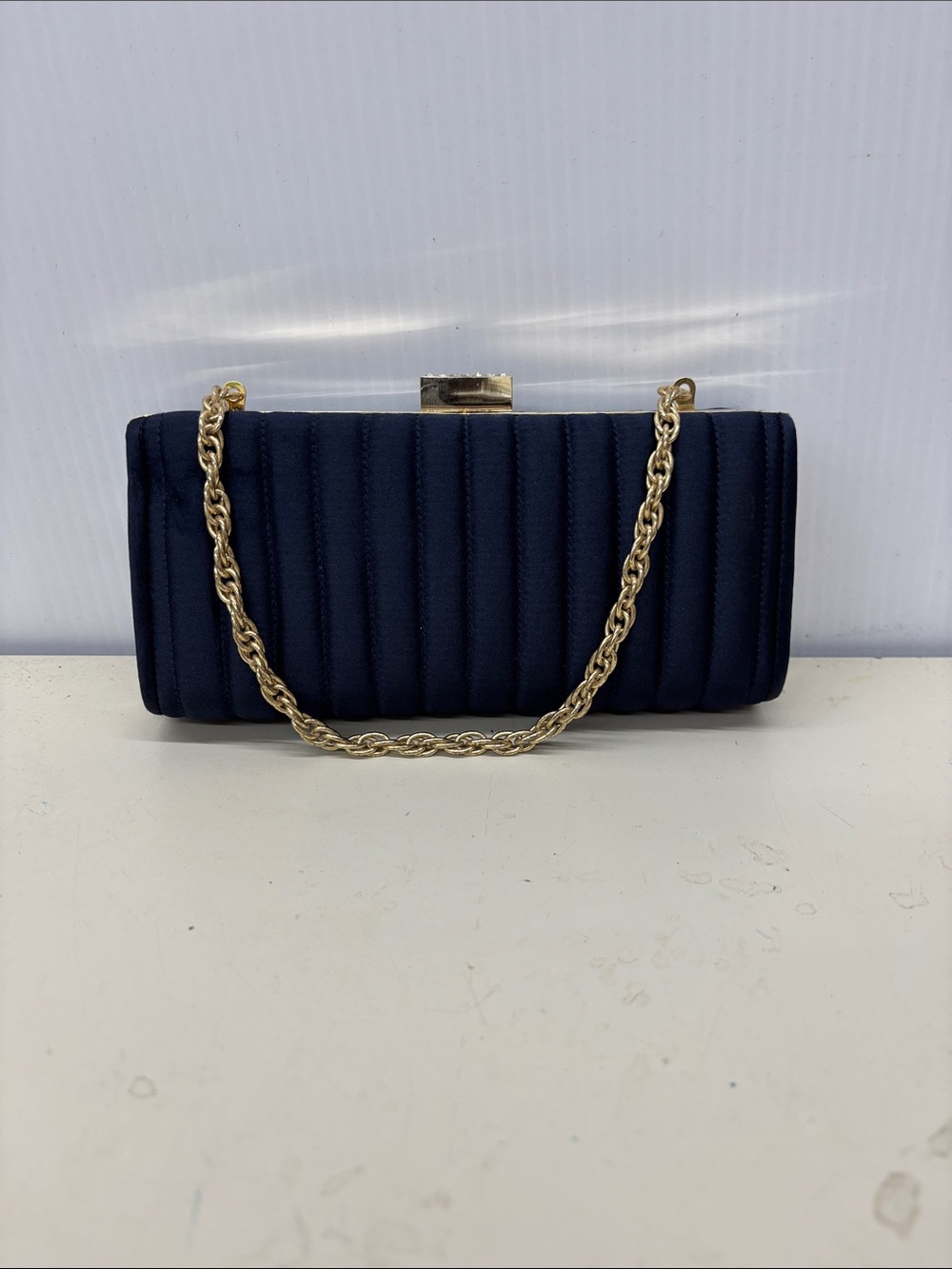 Lord & Taylor Navy Quilted Evening Clutch with Gold Chain